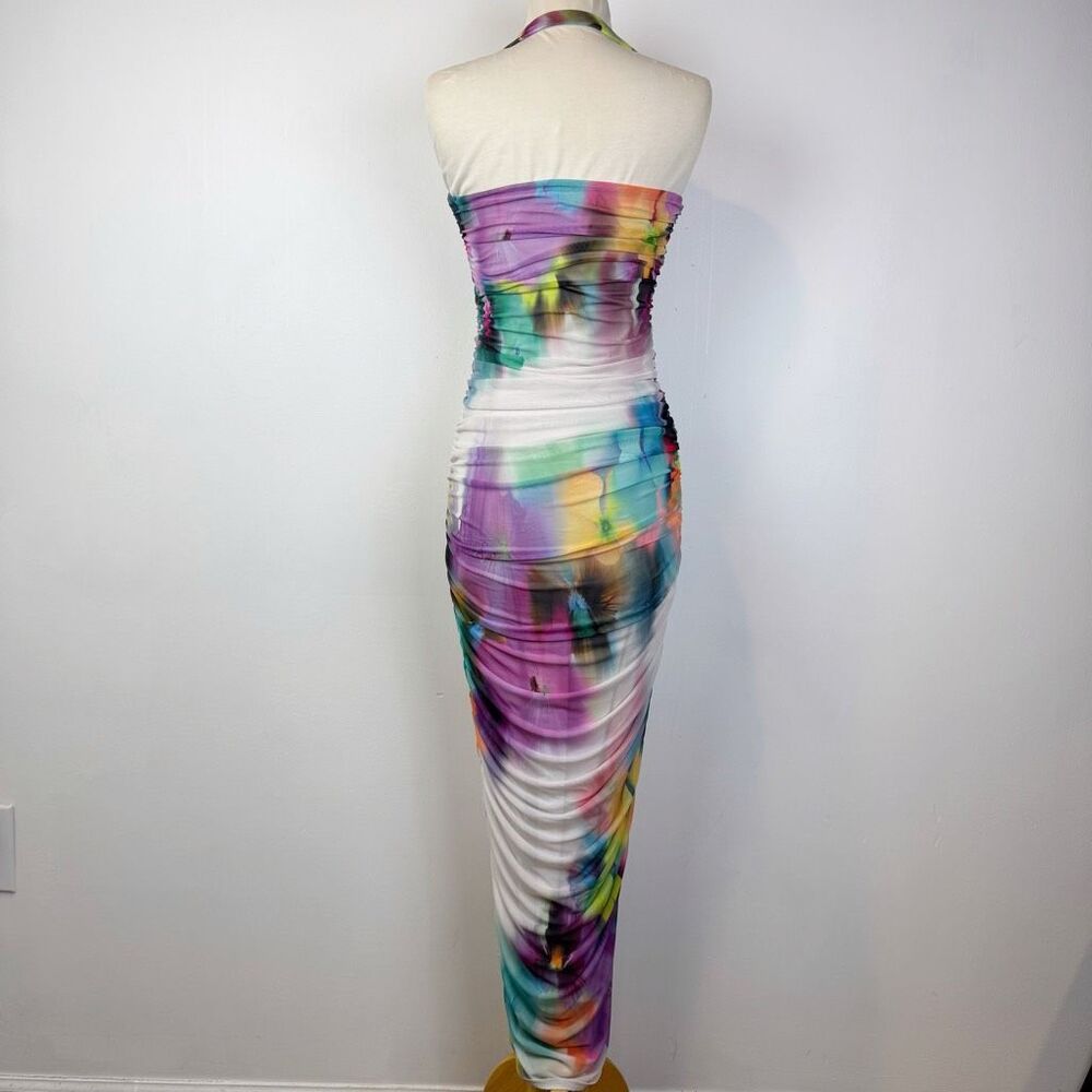 AFRM Indina Halter Mesh Ruched Midi Dress Watercolor Medium Anthropologie - Picture 5 of 11